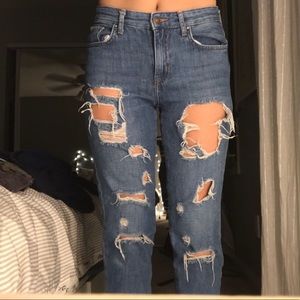 Distressed boyfriend/mom style dark wash jeans